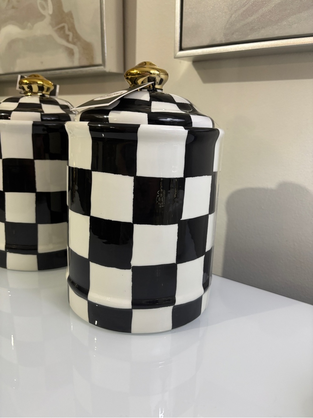 Checkerboard Ceramic Storage Canister with Gold Knob - Black & White